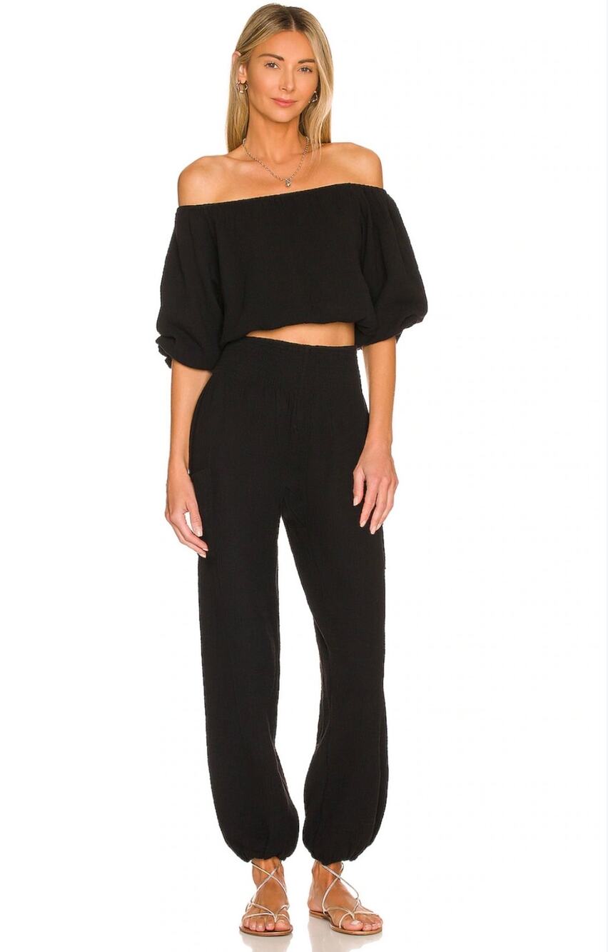 Bobi Los Angeles 2 Piece Set Womens S Black Off Shoulder Top Relaxed Pants Gauze
